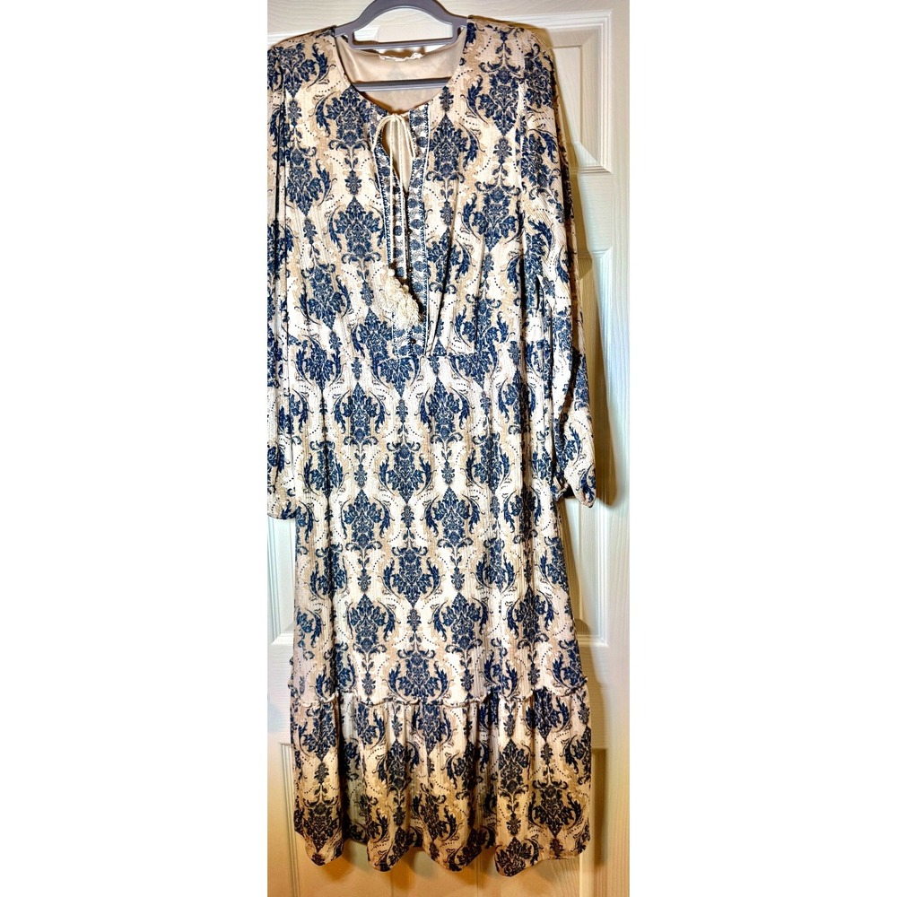 Lucky Brand Western Motif Women's LS Lined Tan Dress w/Blue Accents  Large